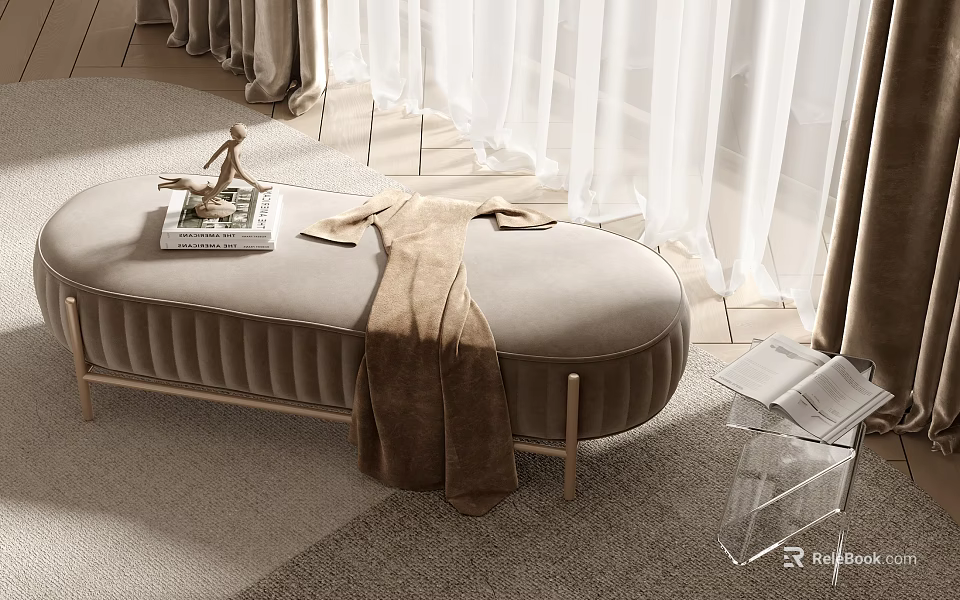 Beige Upholstered Oval Ottoman with Brown Blanket on Top Near White Curtains and Transparent Table 3d model 