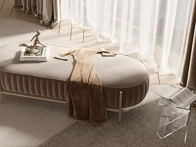 Beige Upholstered Oval Ottoman with Brown Blanket on Top Near White Curtains and Transparent Table 3d model