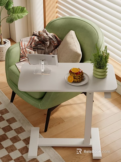 Modern White Side Table with Pancakes Orange Slices Small Potted Plant Tablet and Green Armchair 3d model 