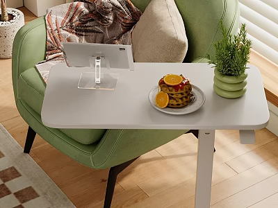 Modern White Side Table with Pancakes Orange Slices Small Potted Plant Tablet and Green Armchair 3d model