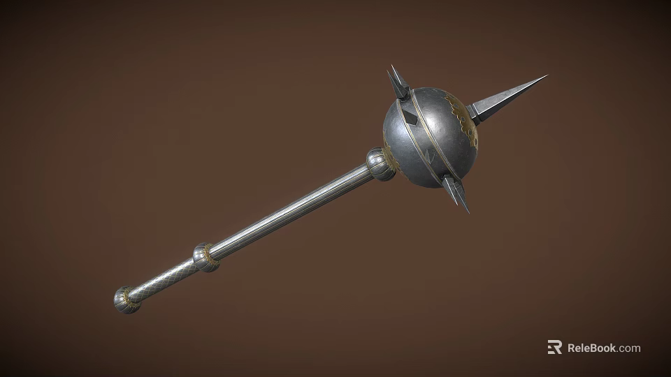 Medieval Metal Mace Weapon Featuring Spherical Head Sharp Spikes And Long Handle 3d model 
