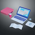 Laptop with Pink Box Cup Mouse Open Folder and USB Drive