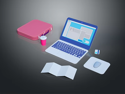 Laptop with Pink Box Cup Mouse Open Folder and USB Drive 3d model