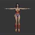 Woman in Wonder Woman Costume with Red and Blue Outfit Arms Outstretched Against Gray Background Golden Accessories and Boots