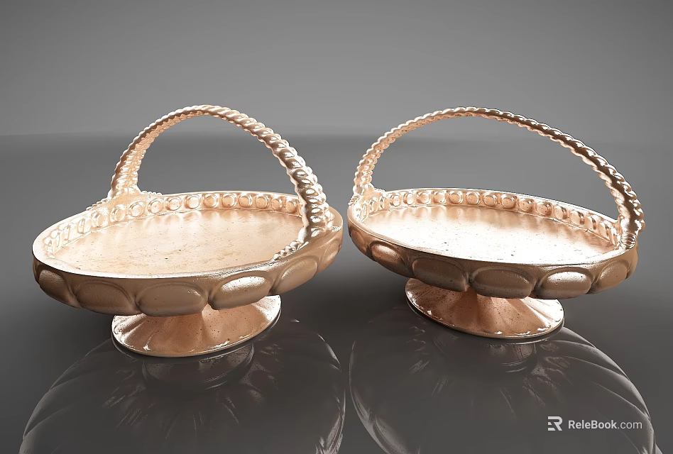 Golden Decorative Ornament Set With Basket Shaped Design Handles And Metallic Base 3d model 