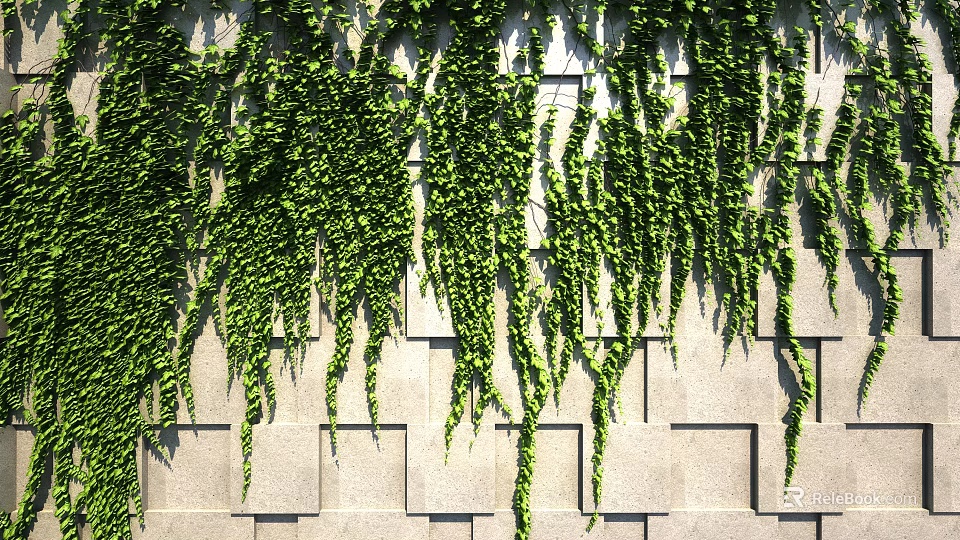 Lush Green Vines Hanging Over Exterior Stone Wall With Square Bricks 3d model 
