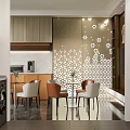 Modern Showroom Interior With Wooden Cabinets Marble Walls Display Tables And TV Screen