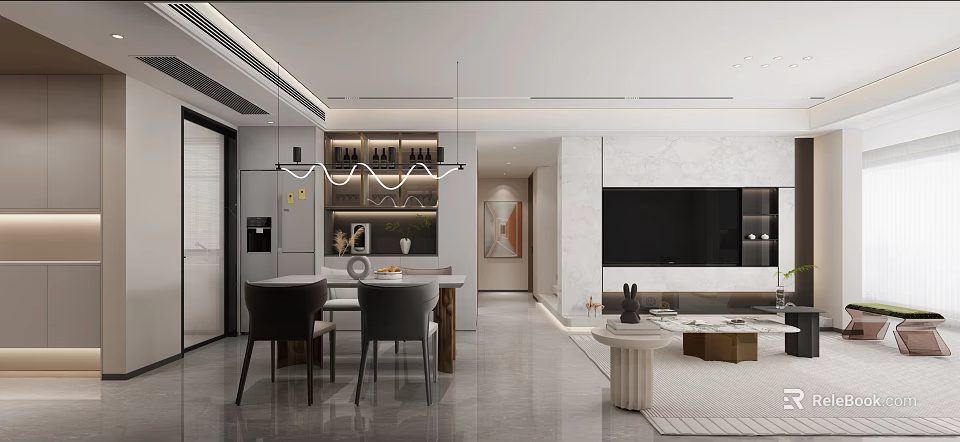 Modern Living Dining Room With Open Layout Pendant Lights Dining Table And Sofa 3d model