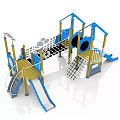 Outdoor Playground Equipment With Blue Yellow Slides Climbing Nets And Platforms