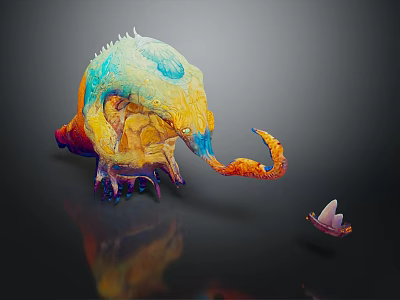 Vibrant Fantasy Creature Game Character With Claws Tail And Small Elf In Dark Background Reflection 3d model