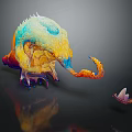 Vibrant Fantasy Creature Game Character With Claws Tail And Small Elf In Dark Background Reflection