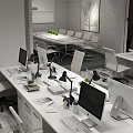 Modern Public Office Space With Workstations Computers Desk Lamps Green Plants And Office Supplies