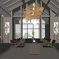 Chinese Style Meeting Room Interior Design With Long Wooden Table And Pendant Light