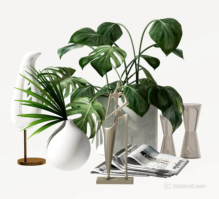 Modern Interior Decor With White Vase And Lush Monstera Leaves Decorative Items 3d model 