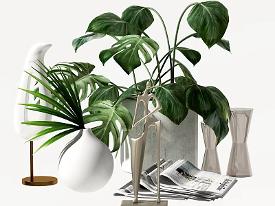 Modern Interior Decor With White Vase And Lush Monstera Leaves Decorative Items 3d model