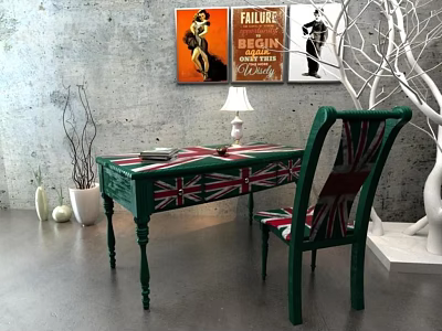 Green Union Jack Desk With Matching Chair Table Lamp And Wall Posters 3d model