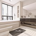 Modern Bathroom Interior With Bathtub Double Vanity Mirror And Light Walls