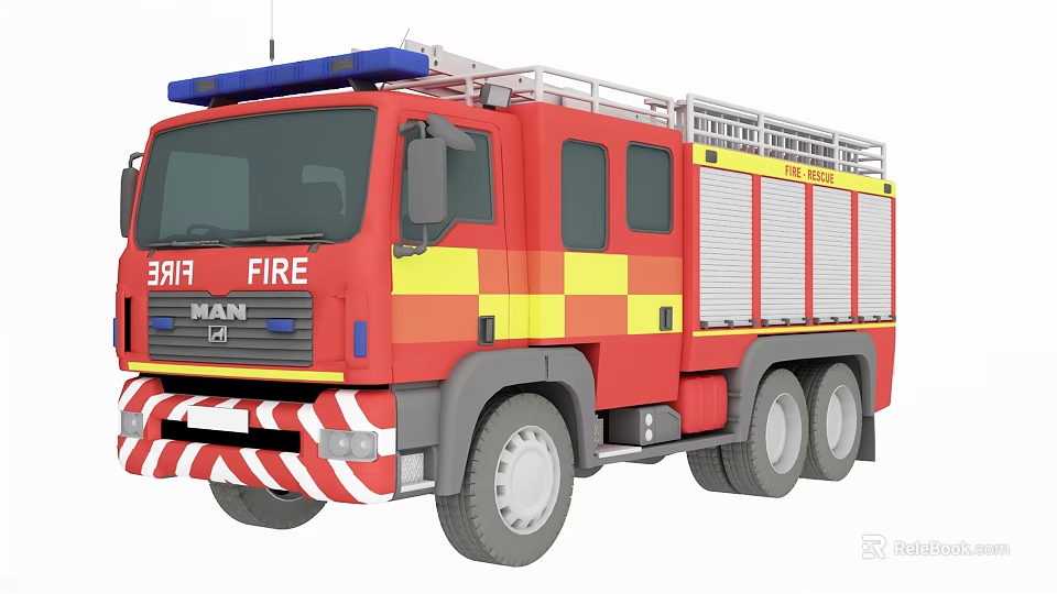 Red Fire Truck With Yellow Stripes Blue Emergency Lights And MAN Brand 3d model 