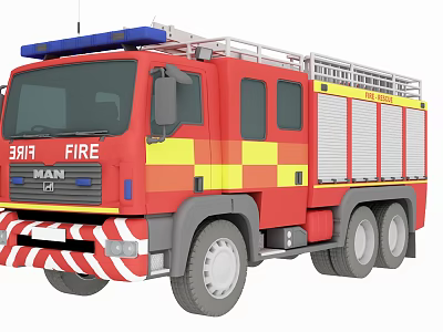Red Fire Truck With Yellow Stripes Blue Emergency Lights And MAN Brand 3d model