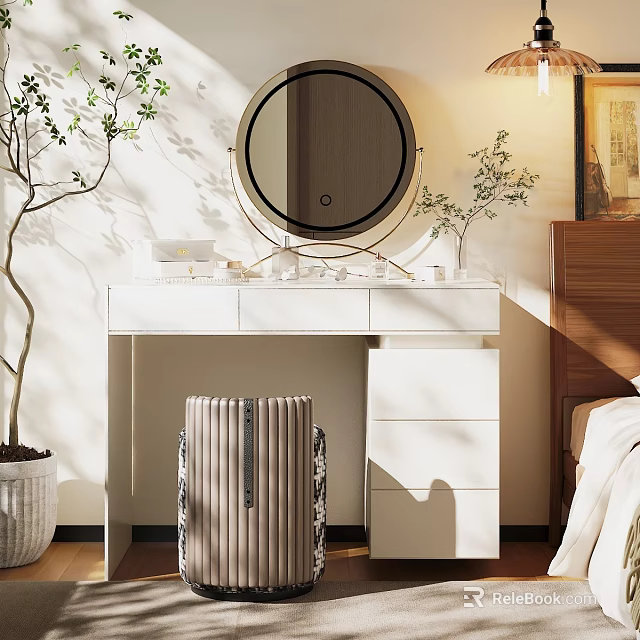 Elegant White Dressing Table With Round Mirror Green Plants And Drawers 3d model 