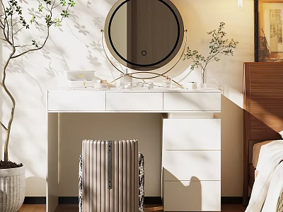 Elegant White Dressing Table With Round Mirror Green Plants And Drawers 3d model