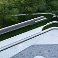 Modern Feature Wall With Grid Design Blue Deer Sculpture Green Grass And Trees In Garden
