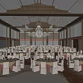 Spacious Banquet Hall Interior With Crystal Chandeliers Round Dining Tables And White Chairs