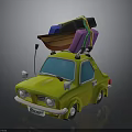 Green Cartoon Car With Colorful Luggage And Small Boat On Roof