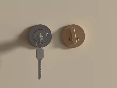 Modern Silver And Golden Door Locks With Key On Beige Wall 3d model