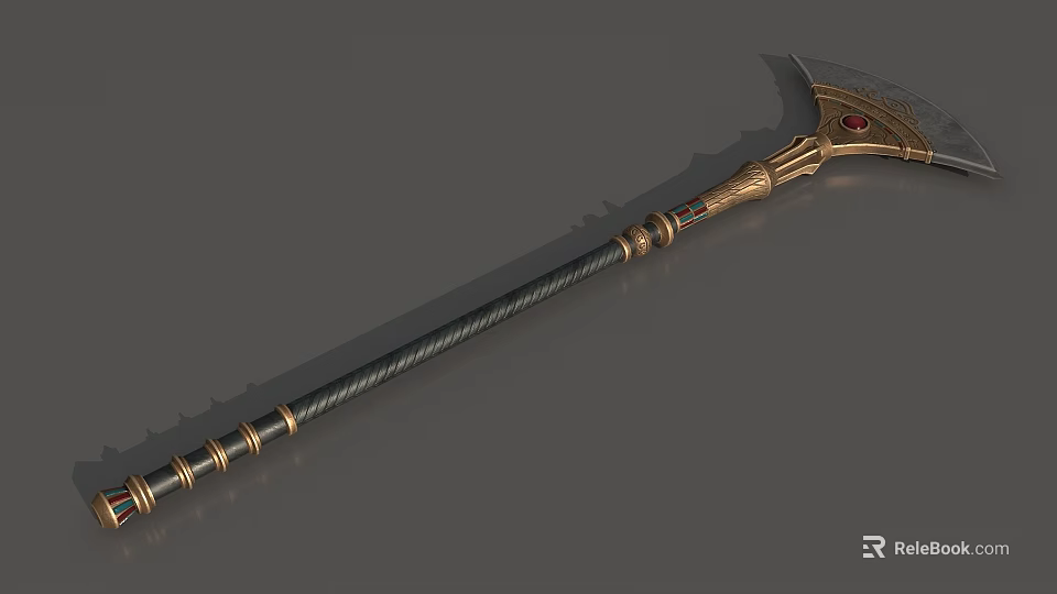 Ornate Battle Axe With Golden Decor Black Wrapped Handle And Red Gemstone 3d model 