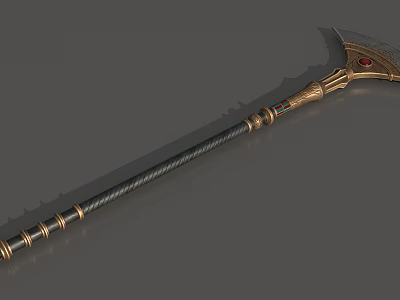 Ornate Battle Axe With Golden Decor Black Wrapped Handle And Red Gemstone 3d model