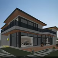 Modern Detached Villa Exterior With Large Glass Windows And Glass Railing Balcony