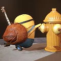 Minion Standing Next to Yellow Fire Hydrant Holding Guitar on Urban Sidewalk