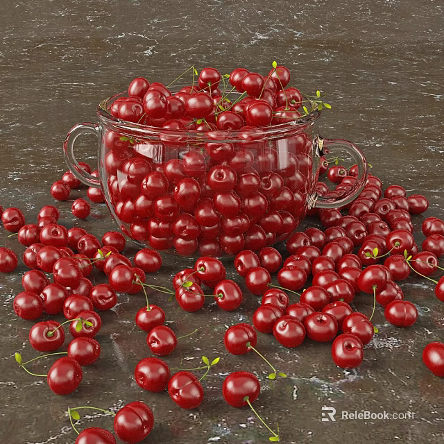 Fresh Cherries Filled in Glass Bowl with Some Scattered on Dark Surface 3d model 
