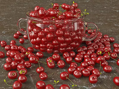 Fresh Cherries Filled in Glass Bowl with Some Scattered on Dark Surface 3d model