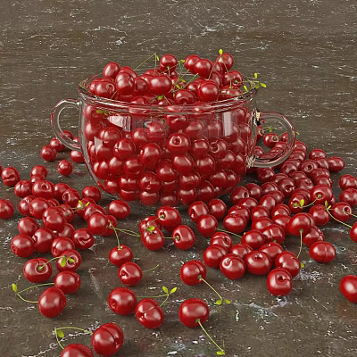 Fresh Cherries Filled in Glass Bowl with Some Scattered on Dark Surface 3d model Fresh Cherries Filled in Glass Bowl with Some Scattered on Dark Surface 3d model