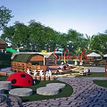 Vibrant Piglet Playground Featuring Wooden Huts Green Trees Pathways And Grass Areas