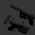 Black Tactical Pistol With Magazine And Bullets On Dark Background