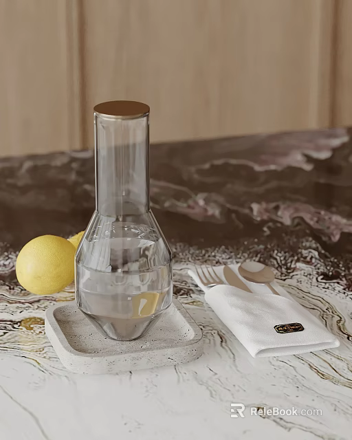 Branded Napkin With Glass Carafe Lemon And Cutlery On Marble Table 3d model 