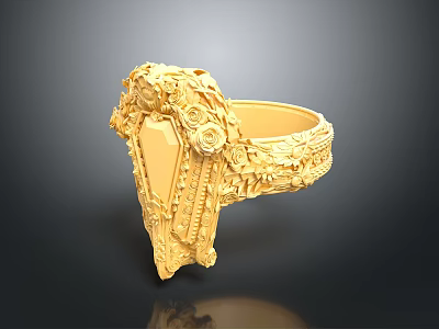 Elegant Gold Ring With Intricate Floral Carvings And Ornate Decorative Details 3d model