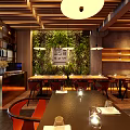 Modern Restaurant Interior With Wooden Partitions Pendant Lights Hanging Plants Round Dining Table And Chairs