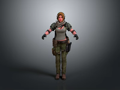 Woman Wearing Tactical Gear With Headphones Gray Top Green Pants Backpack And Weapon 3d model