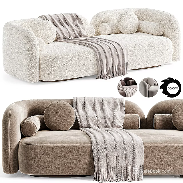 Modern Plush Beige Sofa With Striped Blanket And Round Cushions Displayed In Different Angles 3d model