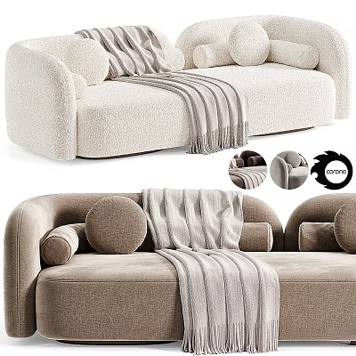 Modern Plush Beige Sofa With Striped Blanket And Round Cushions Displayed In Different Angles 3d model