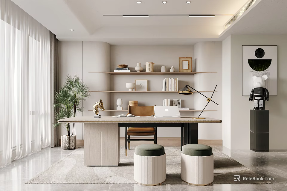 Modern Study Room With Wooden Desk Floating Shelves Books Decorative Items Potted Plant And Stools 3d model 