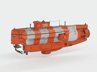 Orange and White Military Submarine Model with Number 36 on White Background 3d model