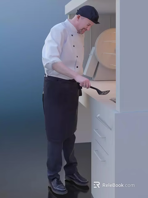 A Man In Black Apron Cooking With Spatula At Modern Kitchen Counter 3d model 