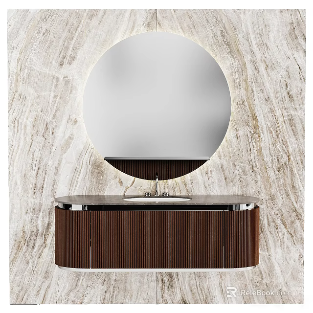 Modern Bathroom Vanity With Circular Mirror Wooden Cabinet And Marble Wall Design 3d model 