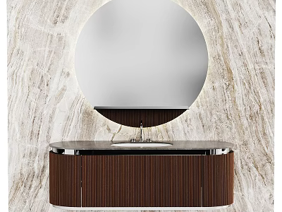 Modern Bathroom Vanity With Circular Mirror Wooden Cabinet And Marble Wall Design 3d model