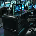 High Tech Control Room With Multiple Display Screens Glowing Circular Rings And Central Globe 3d model